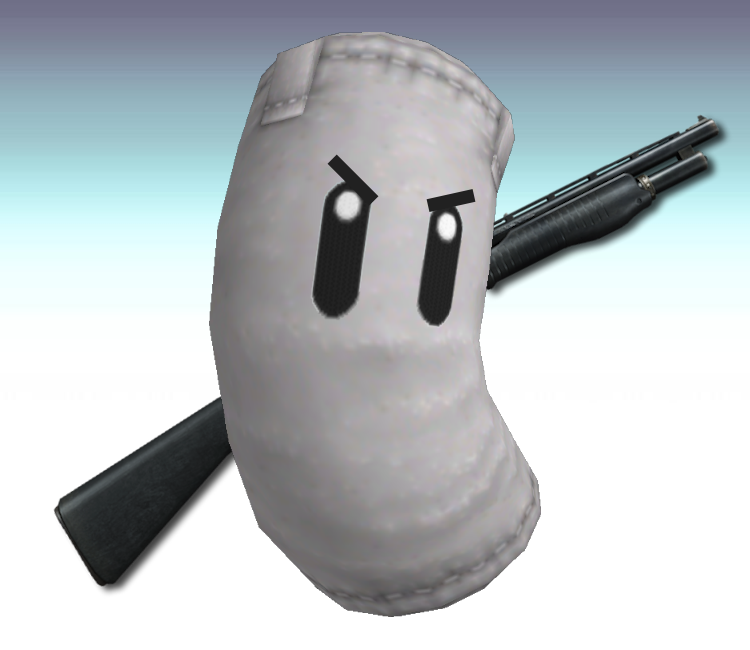 Sandbag, from Super Smash Bros, with a shotgun. And angry eyebrows.